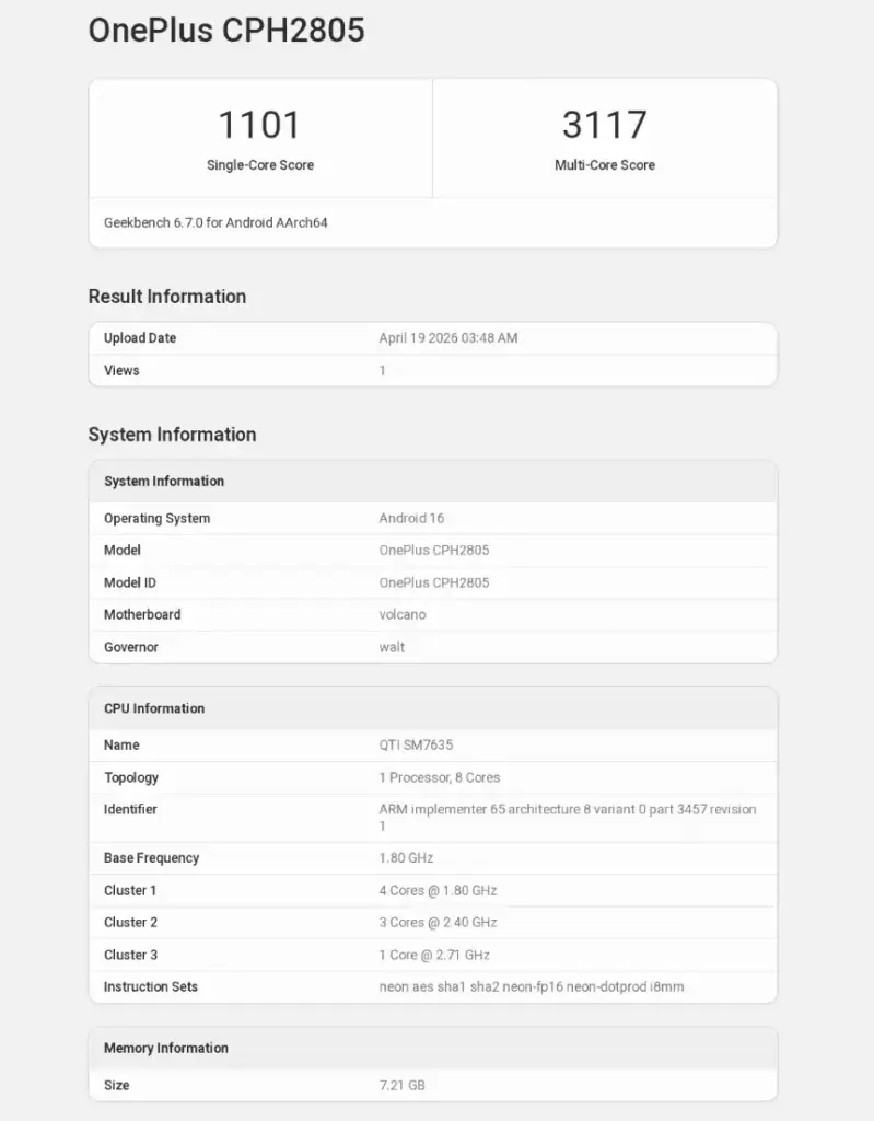 Benchmark OnePlus Nord CE 6 su Geekbench
