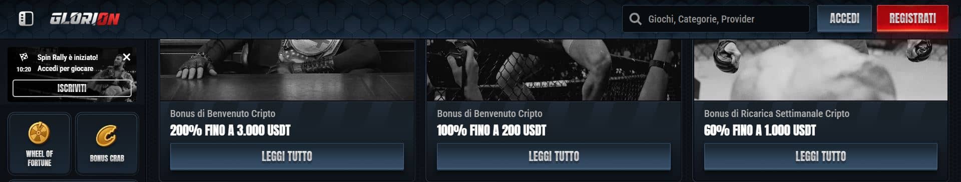 glorion casino crypto con bonus in criptovalute